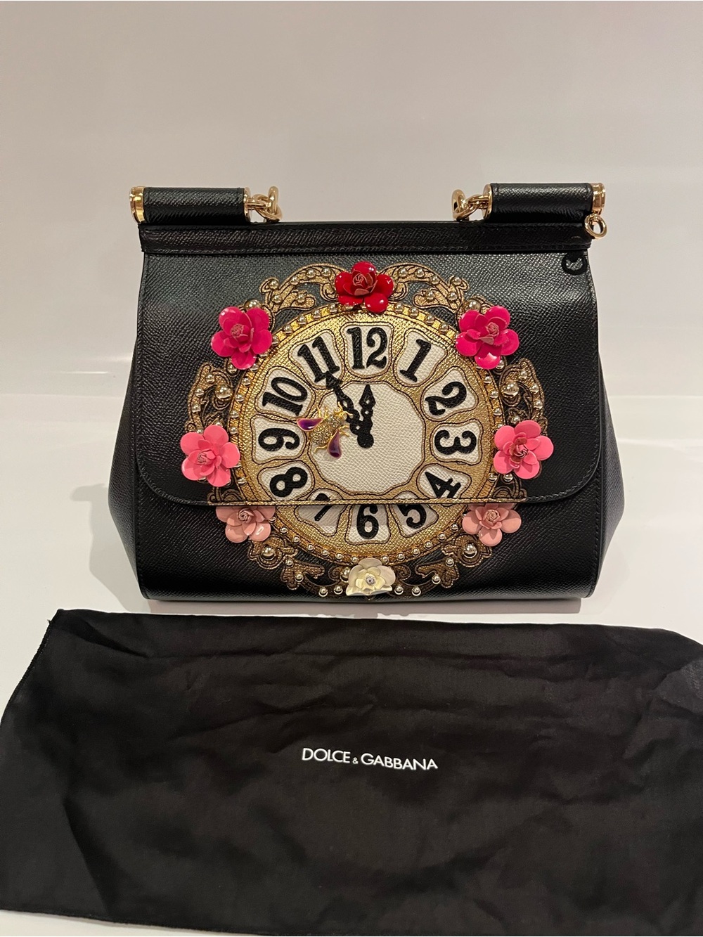 Dolce & Gabbana Black Floral Clock Cinderella Embellished Leather Top-Handle Bag